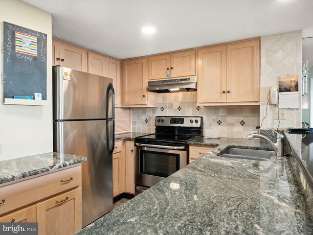 11500 Coastal Hwy Unit 103, Ocean City, MD 21842 - kitchen featuring stainless steel appliances, under cabinet range hood, a sink, light brown cabinets, and dark stone counters
