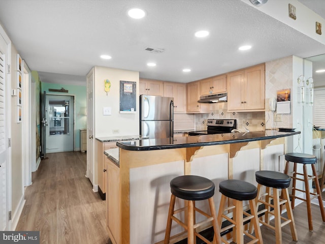 11500 Coastal Hwy Unit 103, Ocean City, MD 21842 - kitchen featuring appliances with stainless steel finishes, light brown cabinets, under cabinet range hood, a peninsula, and backsplash
