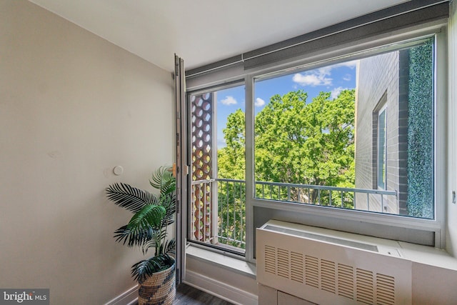 doorway to outside with hardwood / wood-style flooring, radiator, and a wealth of natural light