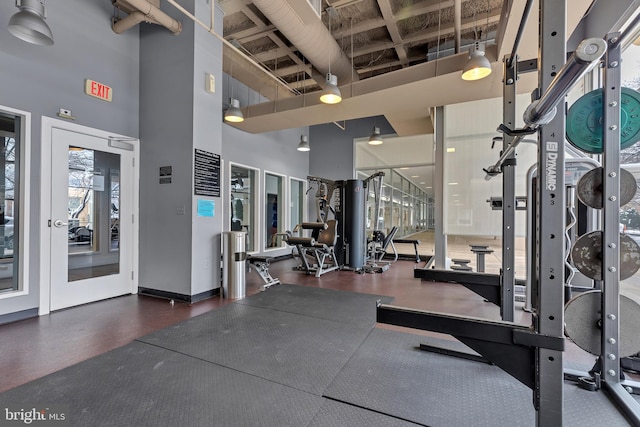 workout area with french doors and a towering ceiling