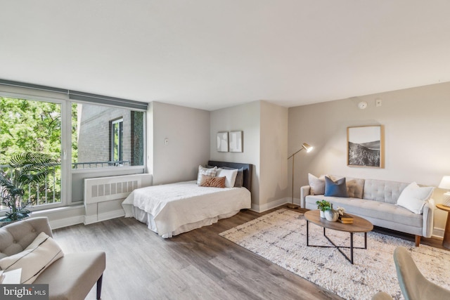 bedroom with radiator and hardwood / wood-style flooring