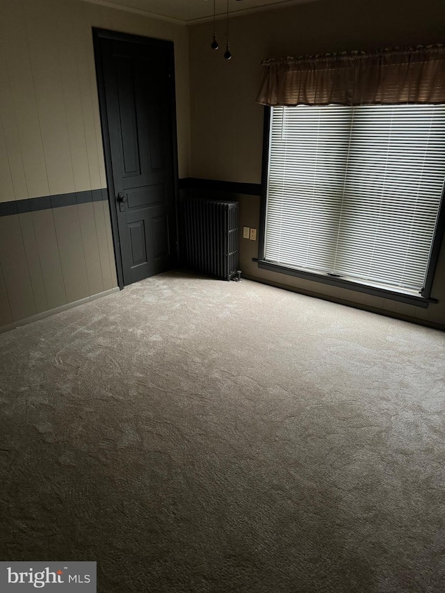 empty room featuring carpet flooring and radiator heating unit