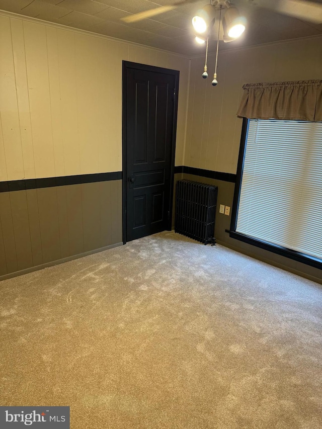 carpeted empty room featuring wooden walls