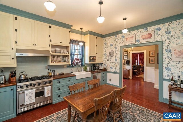 2004 Seven Meadows Ln, Appomattox, VA 24522 - kitchen featuring stainless steel appliances, extractor fan, wallpapered walls, a sink, and dark wood-style flooring
