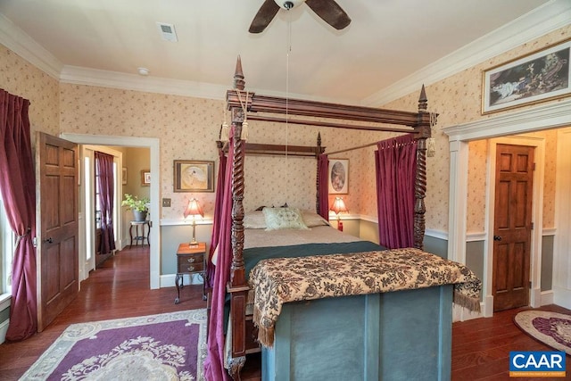 bedroom featuring ornamental molding, ceiling fan, and dark wood-type flooring