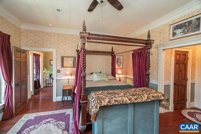 2004 Seven Meadows Ln, Appomattox, VA 24522 - bedroom featuring wallpapered walls, ornamental molding, wood finished floors, and a ceiling fan
