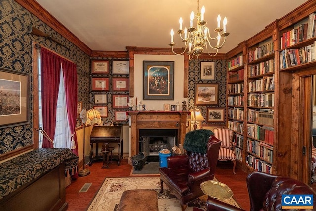 2004 Seven Meadows Ln, Appomattox, VA 24522 - sitting room with wallpapered walls, crown molding, a fireplace, a chandelier, and wood finished floors