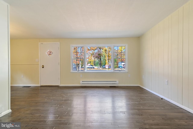 interior space with a baseboard radiator and dark hardwood / wood-style flooring