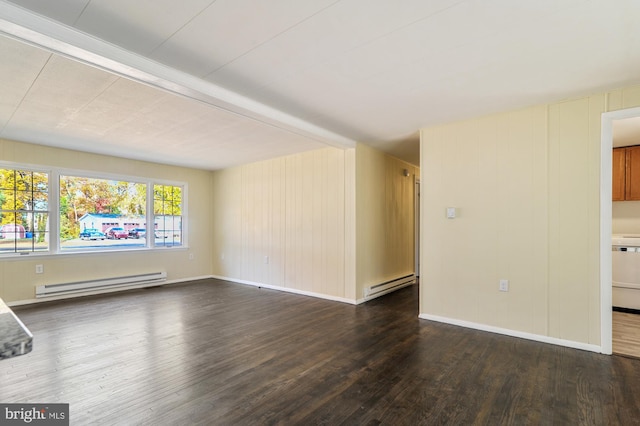 unfurnished living room featuring dark hardwood / wood-style flooring and baseboard heating