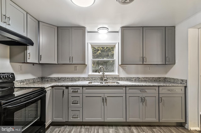 kitchen with light stone counters, sink, gray cabinetry, black range with electric stovetop, and dark hardwood / wood-style floors