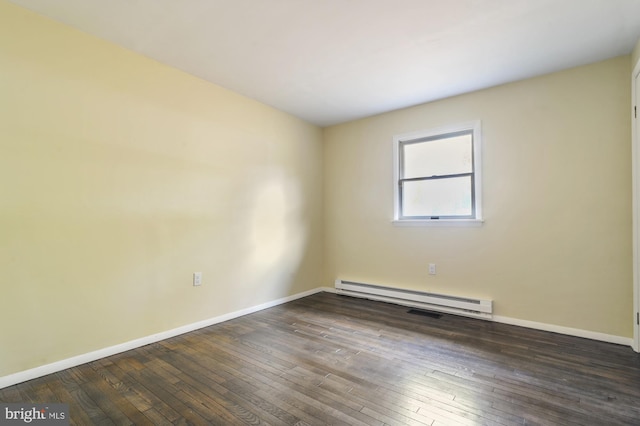 unfurnished room with dark hardwood / wood-style flooring and a baseboard radiator