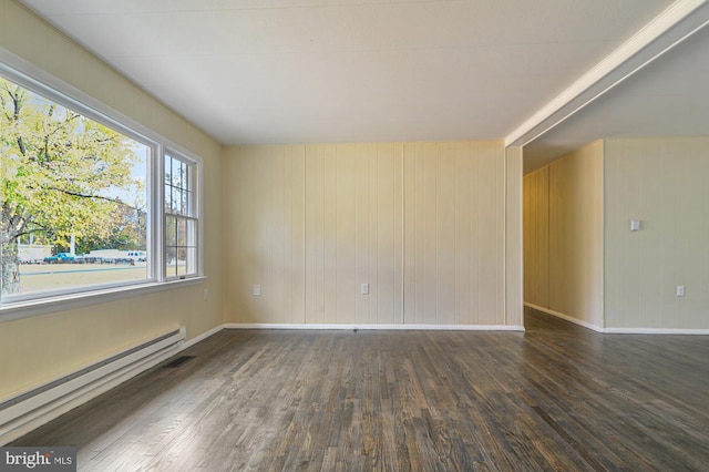 empty room with wood walls, dark hardwood / wood-style floors, and a baseboard heating unit