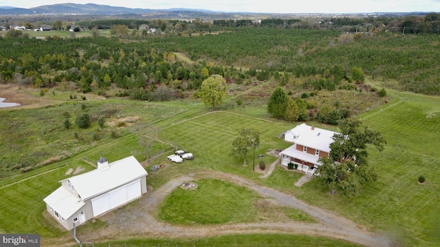 birds eye view of property featuring a mountain view and a rural view