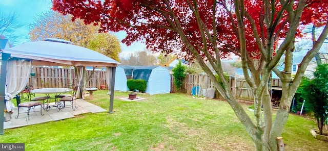 view of yard featuring a gazebo, a patio area, and a shed