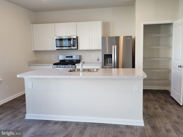 kitchen with a center island with sink, white cabinets, stainless steel appliances, and dark hardwood / wood-style floors