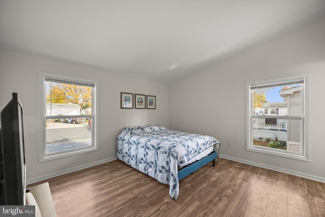 bedroom with dark hardwood / wood-style flooring, lofted ceiling, and multiple windows