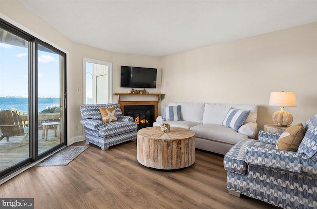 living room featuring a water view and dark hardwood / wood-style floors