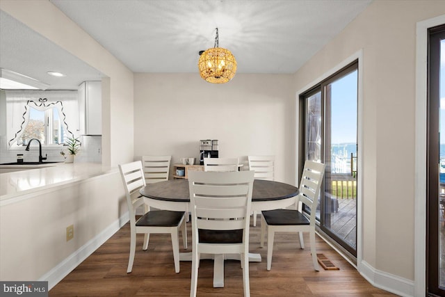 dining room featuring a healthy amount of sunlight, an inviting chandelier, sink, and dark hardwood / wood-style floors