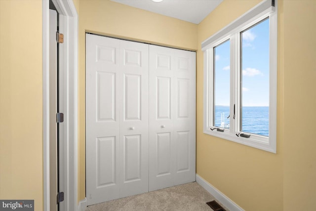 unfurnished bedroom with a water view, multiple windows, a closet, and light colored carpet