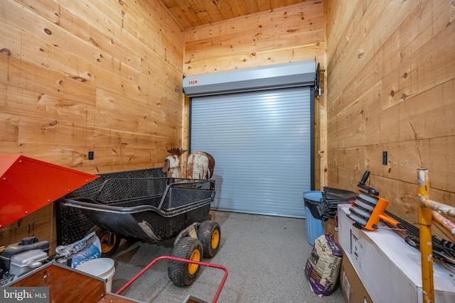 interior space with carpet and wooden walls