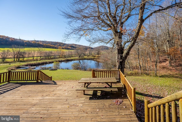 wooden deck featuring a water view