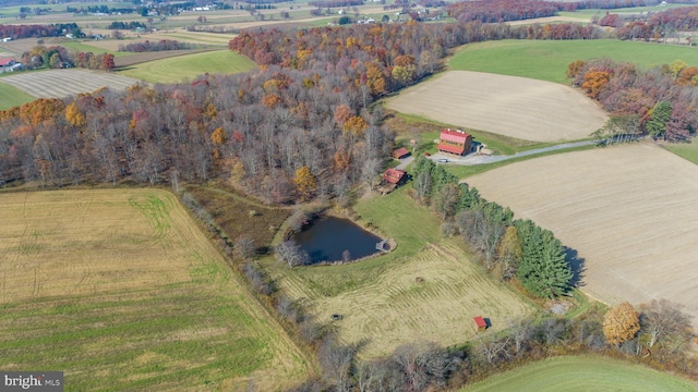 aerial view featuring a water view and a rural view