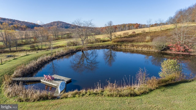 water view with a mountain view and a dock