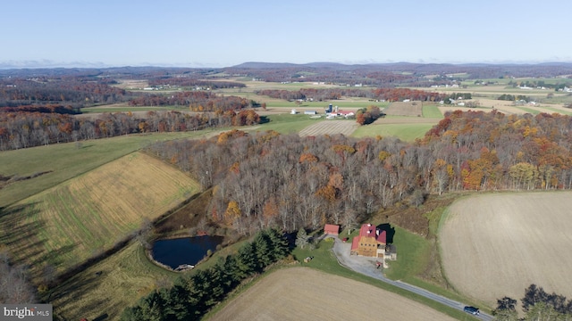 bird's eye view with a water view and a rural view