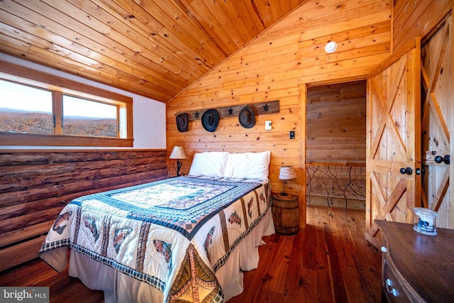 bedroom with wood walls, lofted ceiling, wooden ceiling, and dark hardwood / wood-style floors