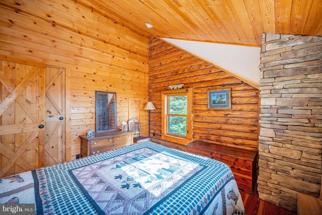 bedroom featuring high vaulted ceiling and wooden ceiling