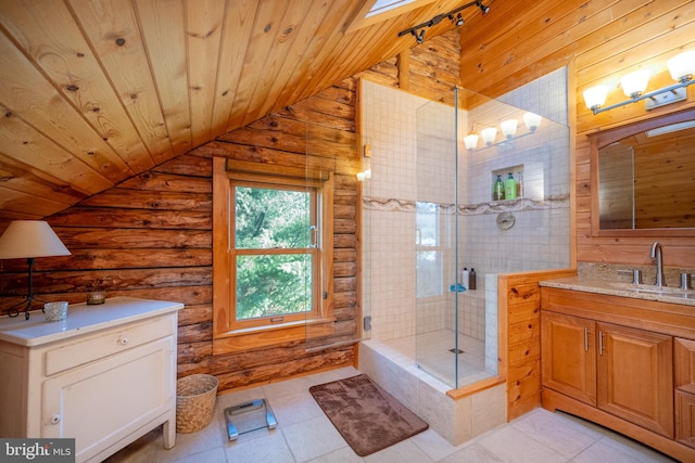 bathroom featuring wooden ceiling, vaulted ceiling with skylight, vanity, an enclosed shower, and log walls