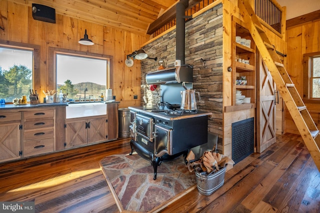 kitchen featuring dark hardwood / wood-style flooring, sink, wooden walls, and a wood stove