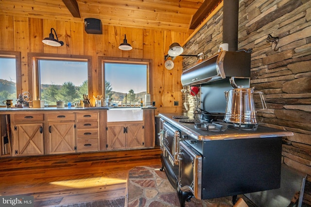 kitchen featuring dark hardwood / wood-style flooring, wooden walls, sink, and beam ceiling