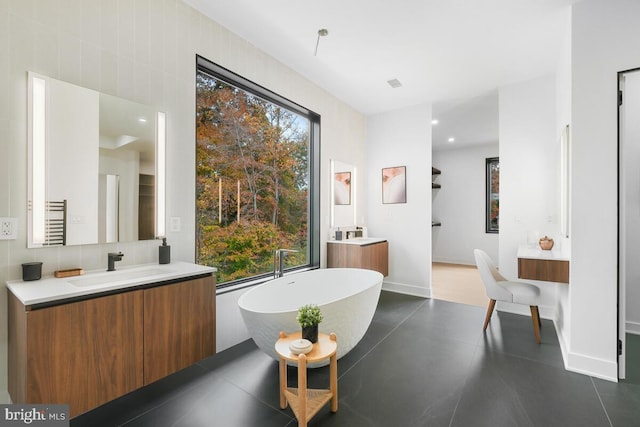 bathroom featuring vanity and a washtub