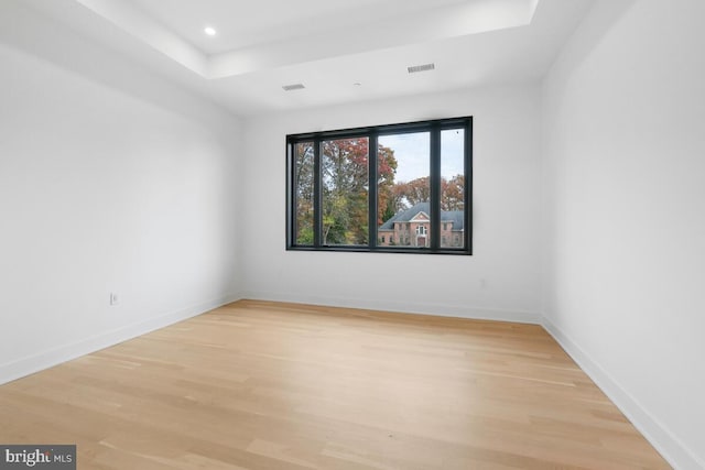 unfurnished room featuring light wood-type flooring and a tray ceiling