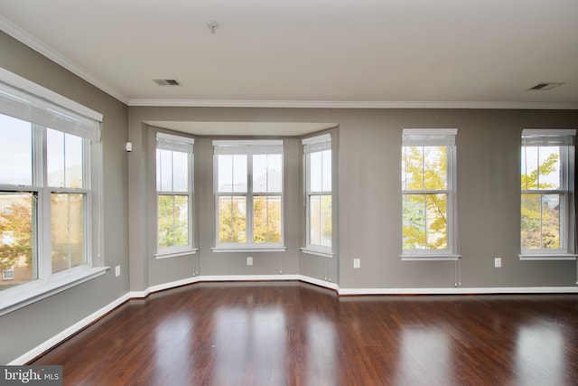 empty room featuring ornamental molding, a wealth of natural light, and dark hardwood / wood-style floors