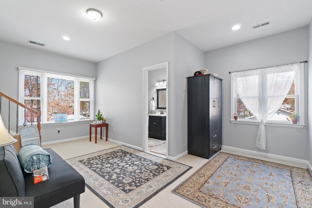 sitting room featuring a wealth of natural light, sink, and light carpet