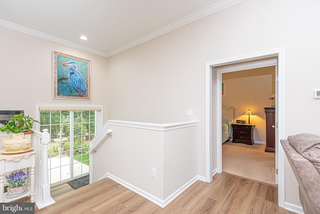 interior space featuring ornamental molding and light hardwood / wood-style floors