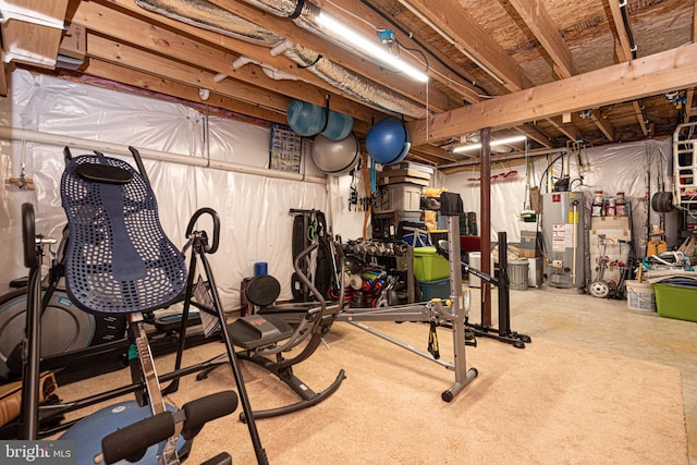 workout room featuring water heater