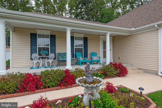 view of exterior entry with a porch