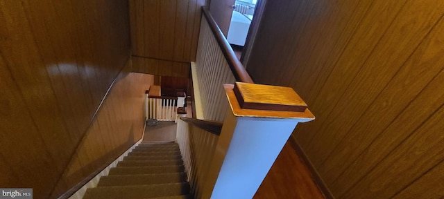 stairway featuring wood walls