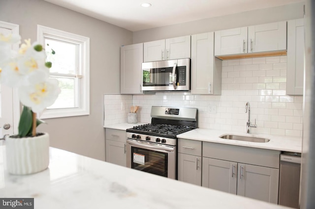 kitchen featuring backsplash, sink, white cabinets, and stainless steel appliances