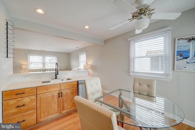 kitchen featuring ceiling fan, light hardwood / wood-style flooring, a wealth of natural light, and sink