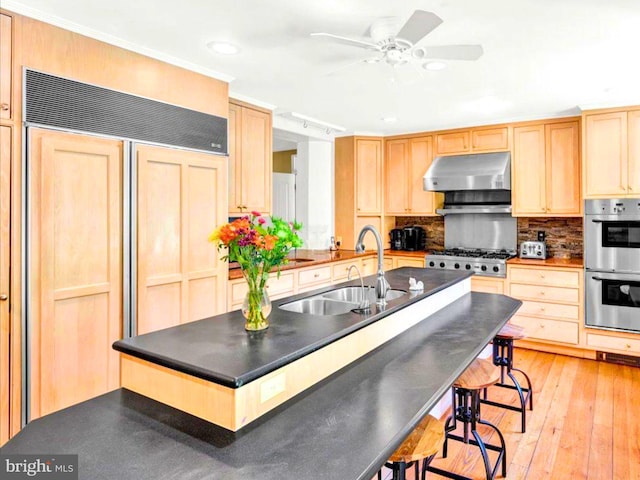 kitchen featuring stainless steel appliances, light wood-type flooring, light brown cabinets, decorative backsplash, and sink