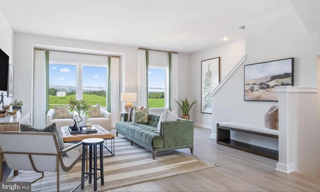 living room with light hardwood / wood-style flooring