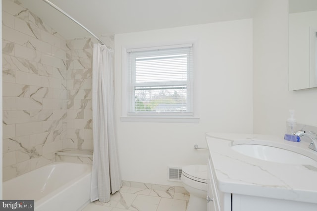 full bathroom featuring vanity, toilet, and shower / bath combo with shower curtain