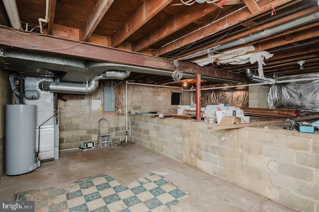 basement with electric panel and water heater