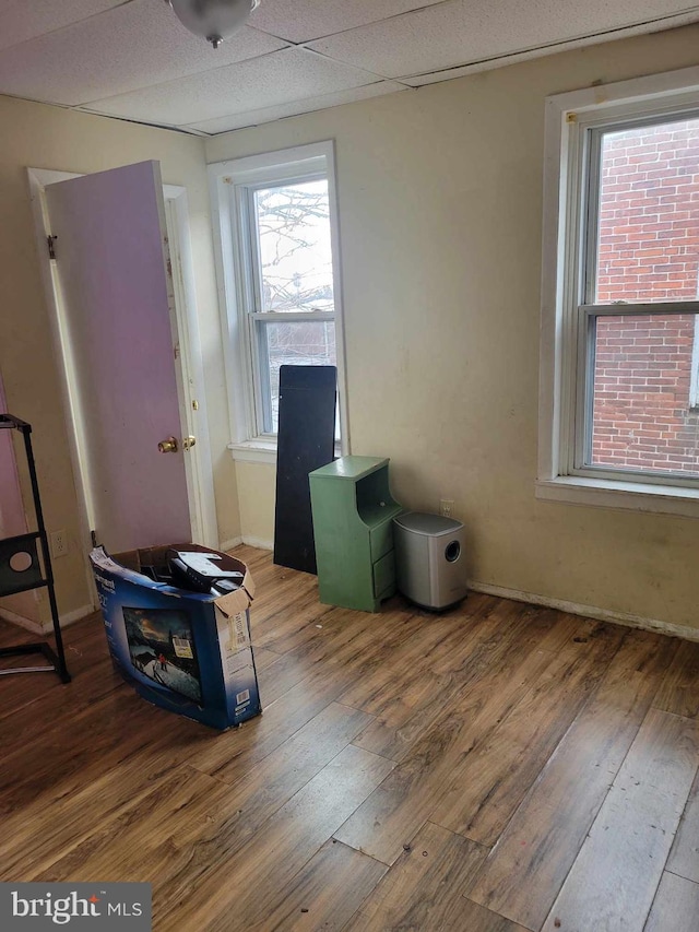 miscellaneous room with wood-type flooring and a paneled ceiling