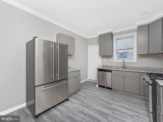 kitchen with sink, gray cabinets, and appliances with stainless steel finishes