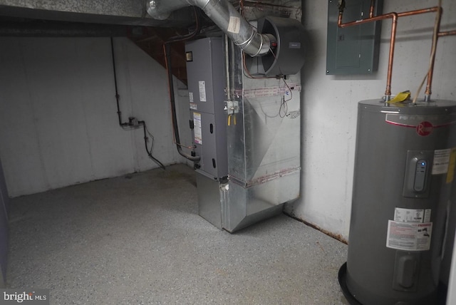 utilities with heating unit, electric panel, and water heater